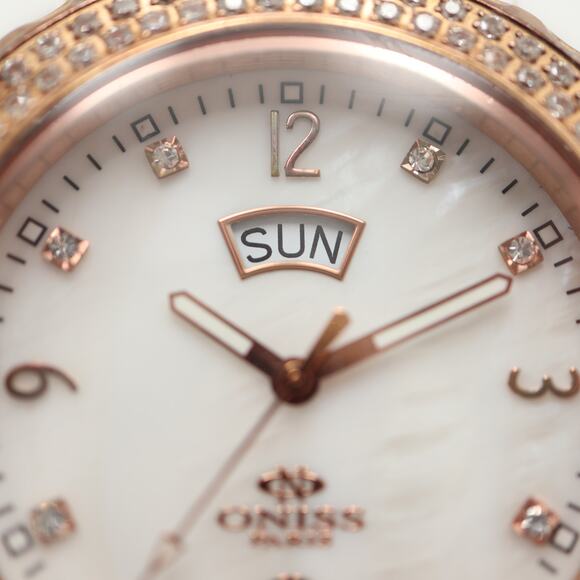 Oniss Paris White Ceramic MOP Day Date Watch 38mm Sapphire Crystal w New Battery - Picture 7 of 14